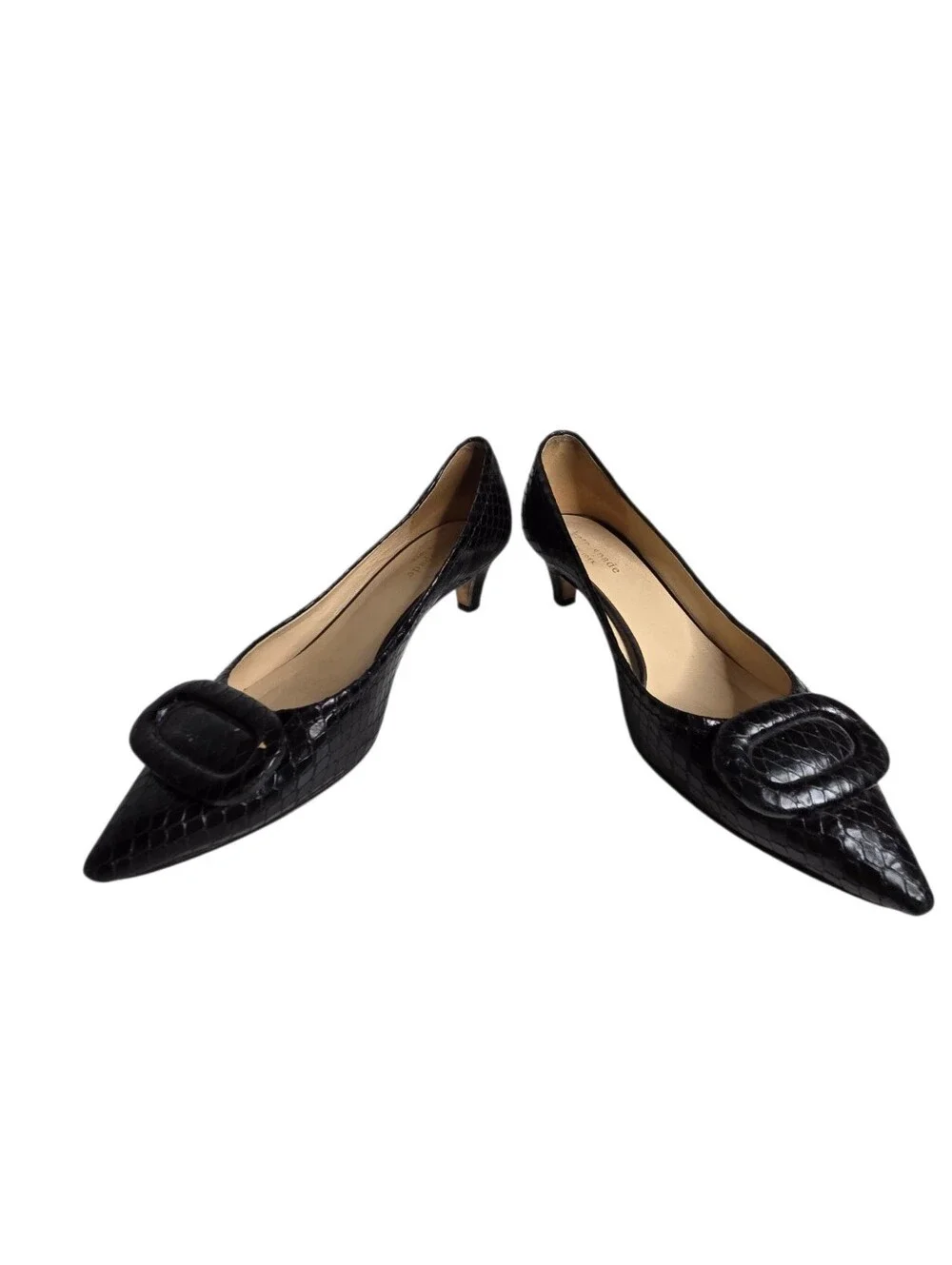 Kate Spade Lizard Black Embossed Pointed Toe Size 7.5 Kitten Heel Pumps Classy